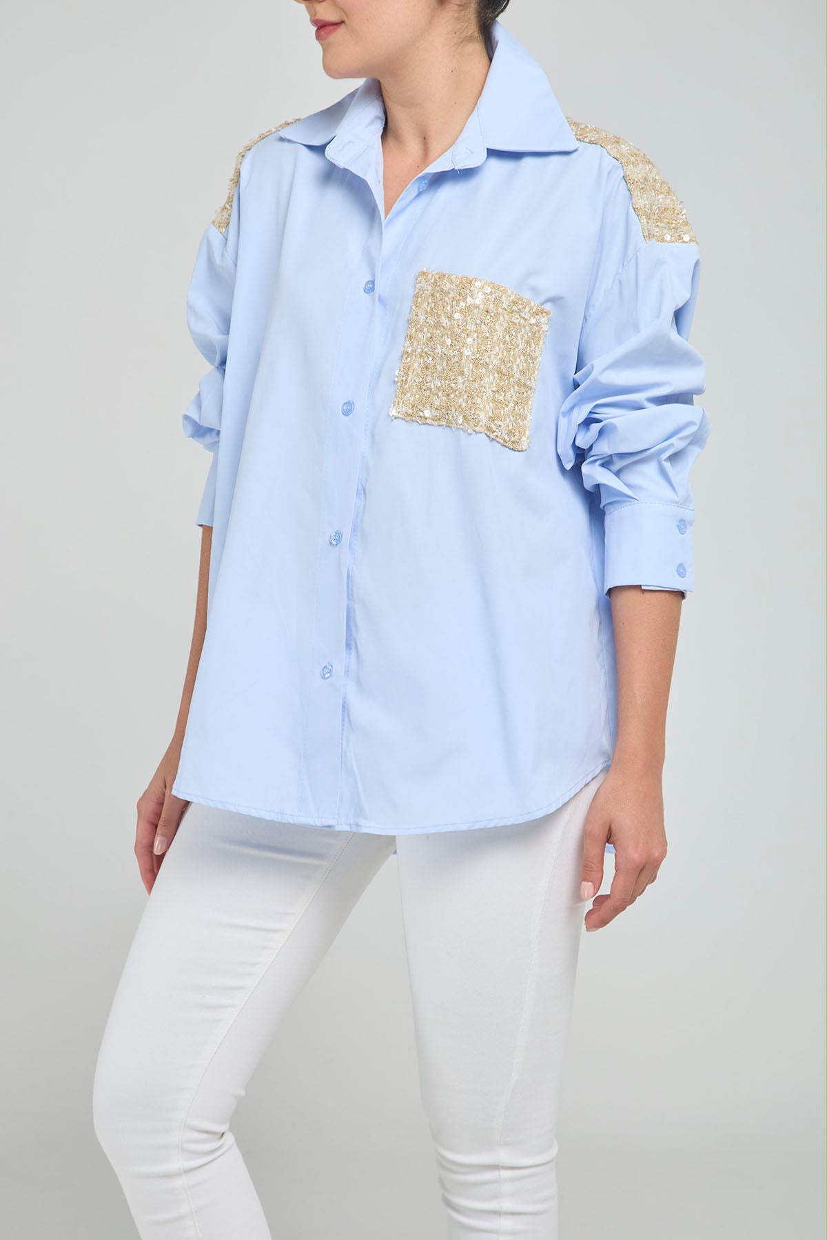 CAMISA APLIQUES ESPALDA BOLSILLO TELA BURDA  M/L C/C