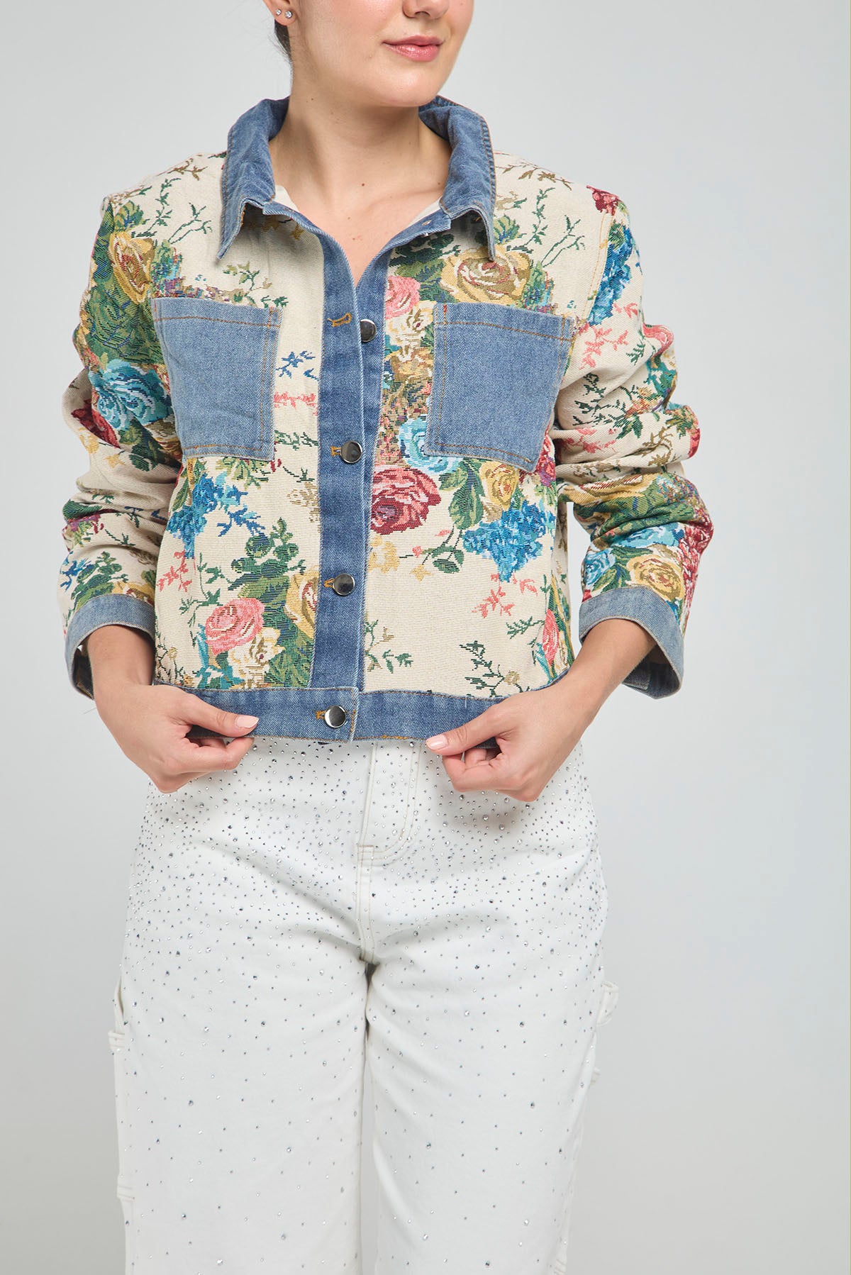 CHAQUETA ESTAMPADA FLORE CUELLO BOLSILLO PUÑO JEAN