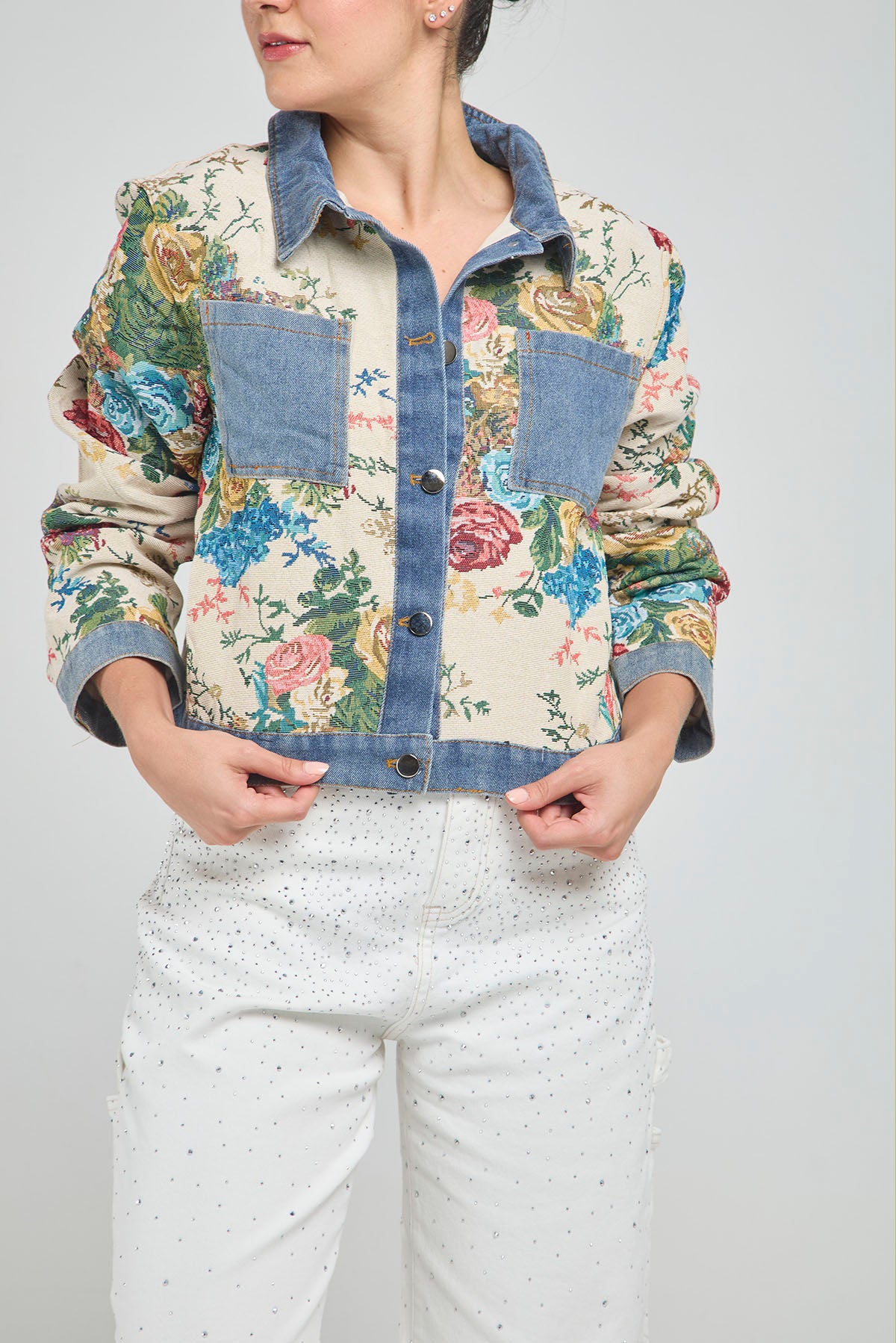 CHAQUETA ESTAMPADA FLORE CUELLO BOLSILLO PUÑO JEAN