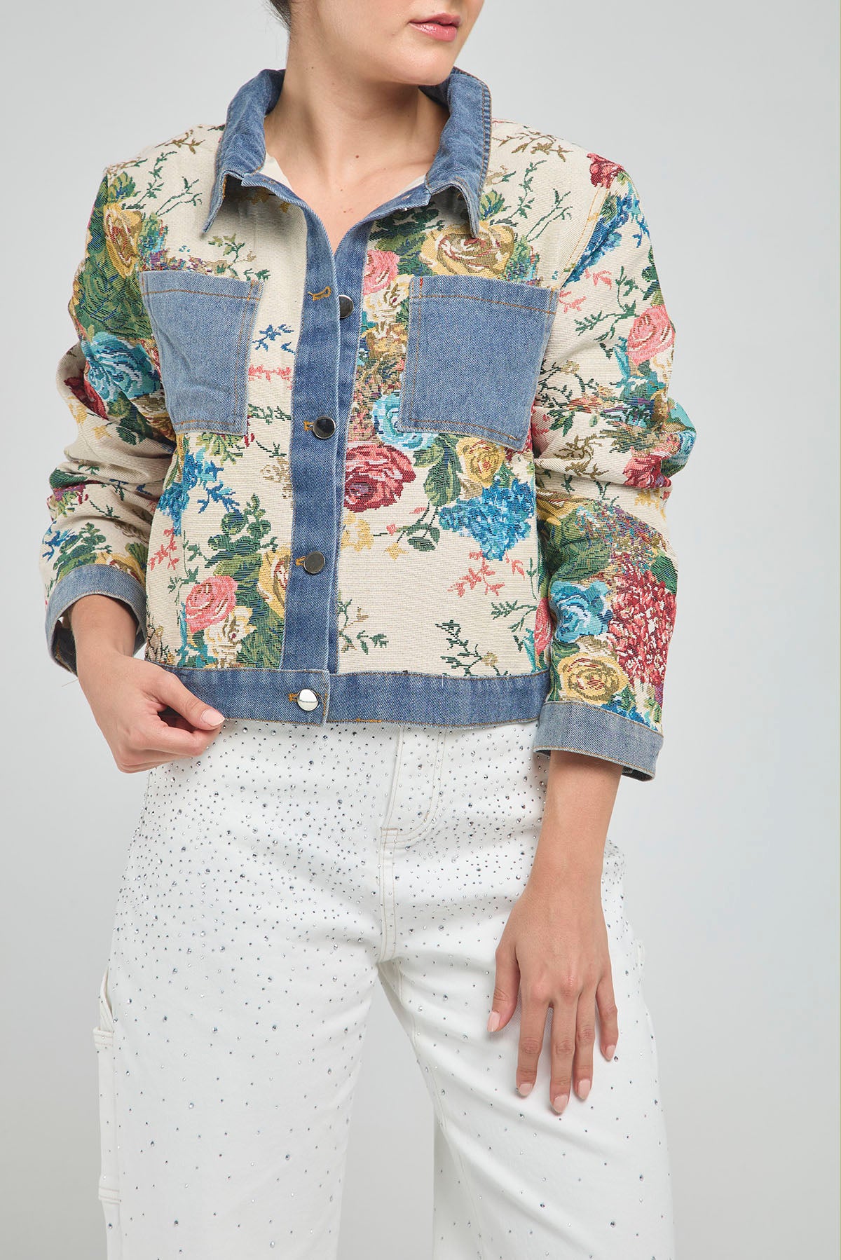 CHAQUETA ESTAMPADA FLORE CUELLO BOLSILLO PUÑO JEAN