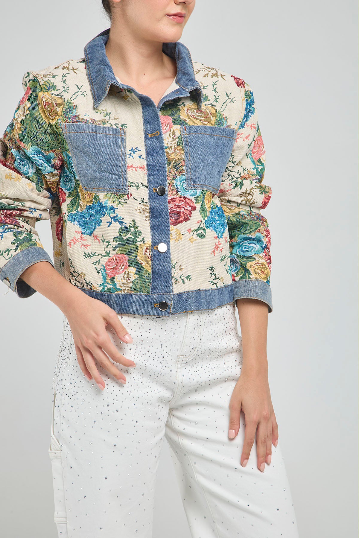 CHAQUETA ESTAMPADA FLORE CUELLO BOLSILLO PUÑO JEAN