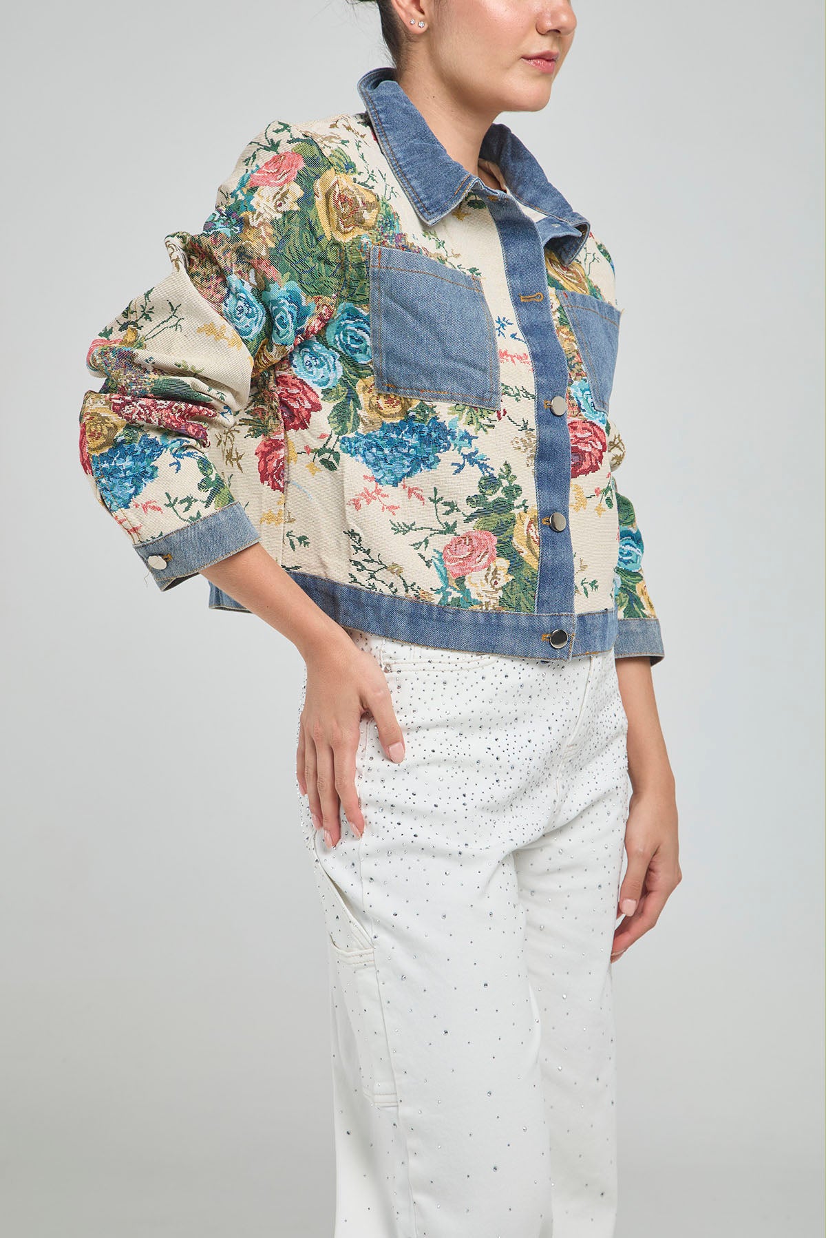 CHAQUETA ESTAMPADA FLORE CUELLO BOLSILLO PUÑO JEAN