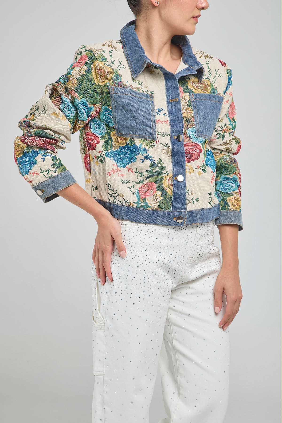 CHAQUETA ESTAMPADA FLORE CUELLO BOLSILLO PUÑO JEAN