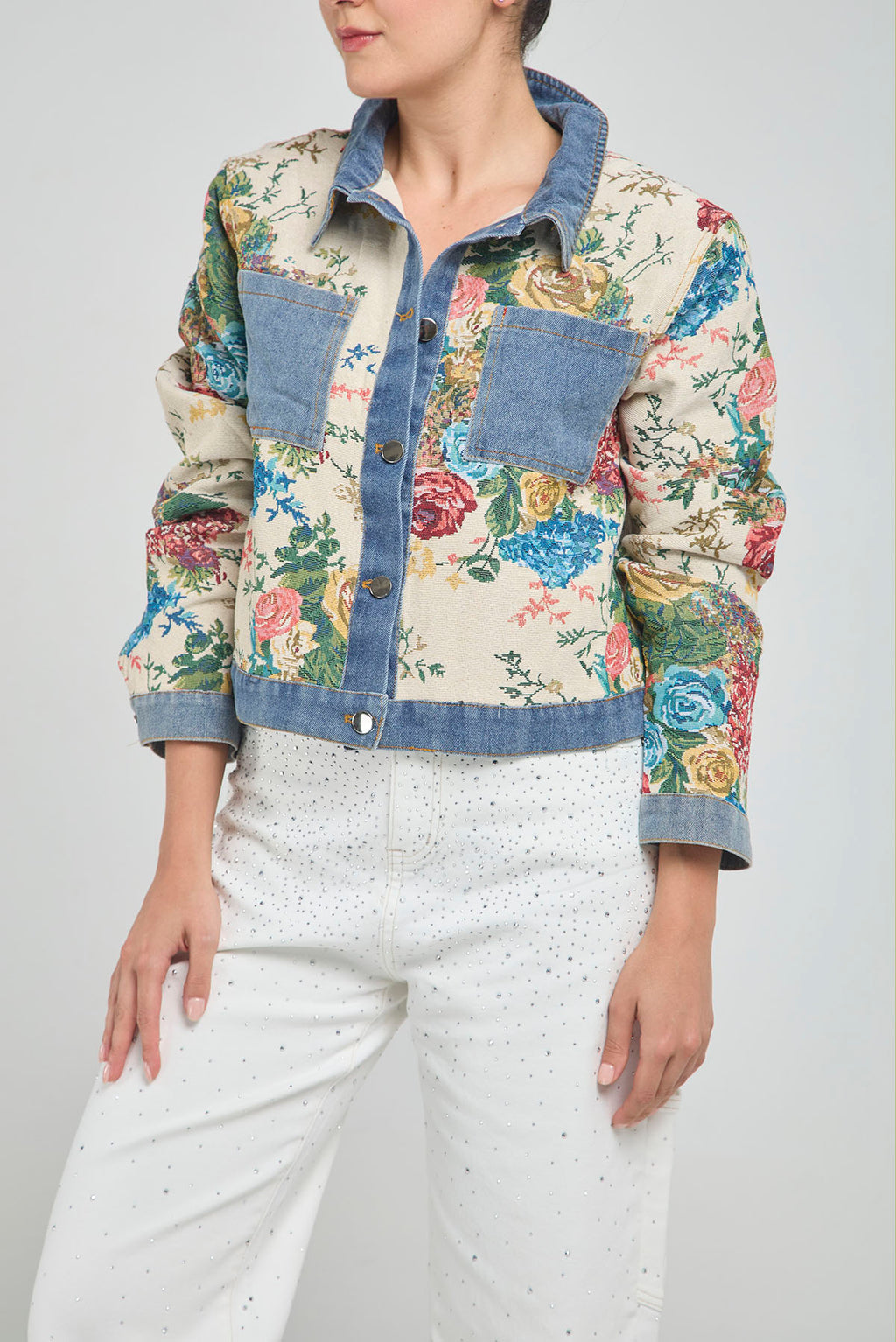 CHAQUETA ESTAMPADA FLORE CUELLO BOLSILLO PUÑO JEAN