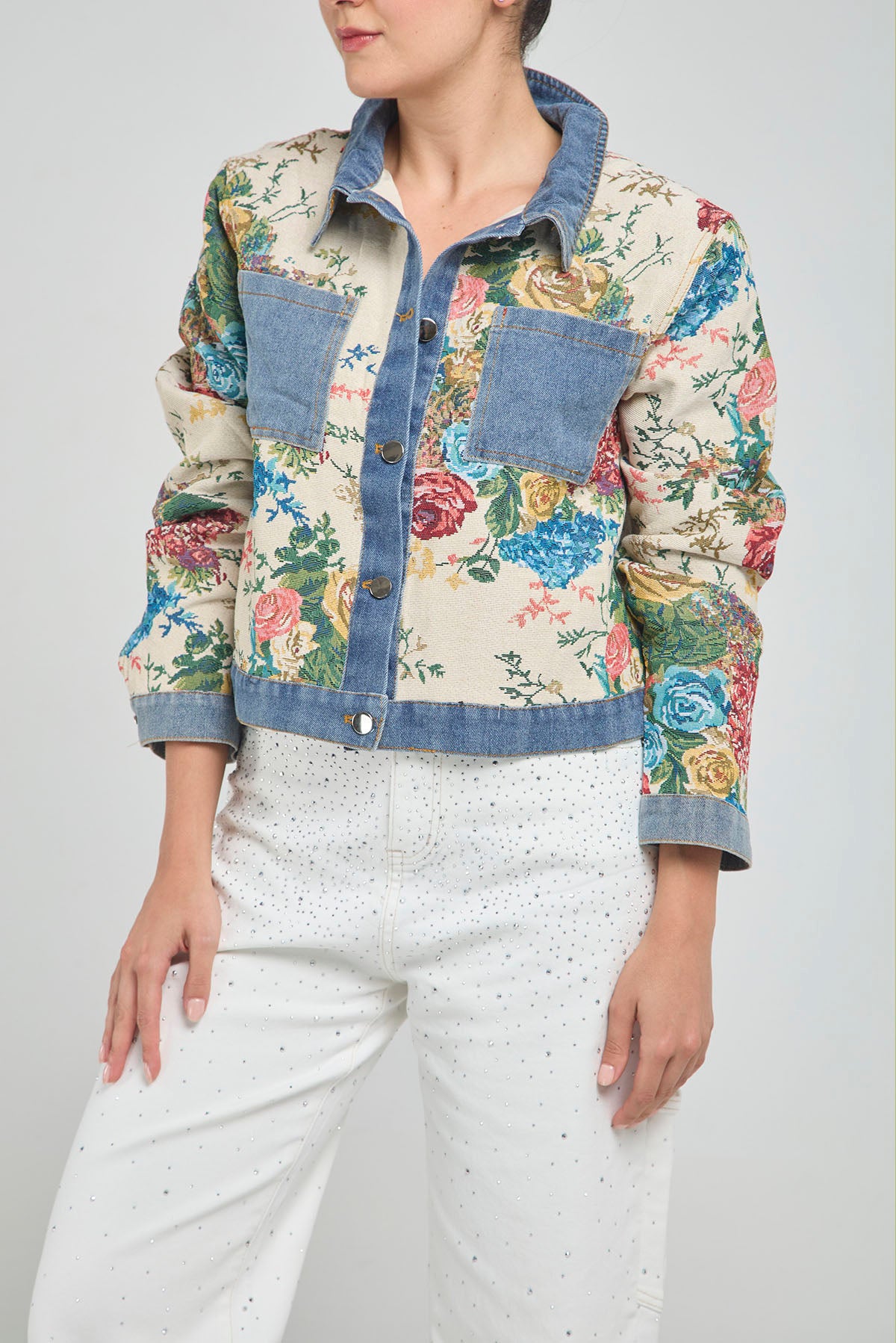 CHAQUETA ESTAMPADA FLORE CUELLO BOLSILLO PUÑO JEAN