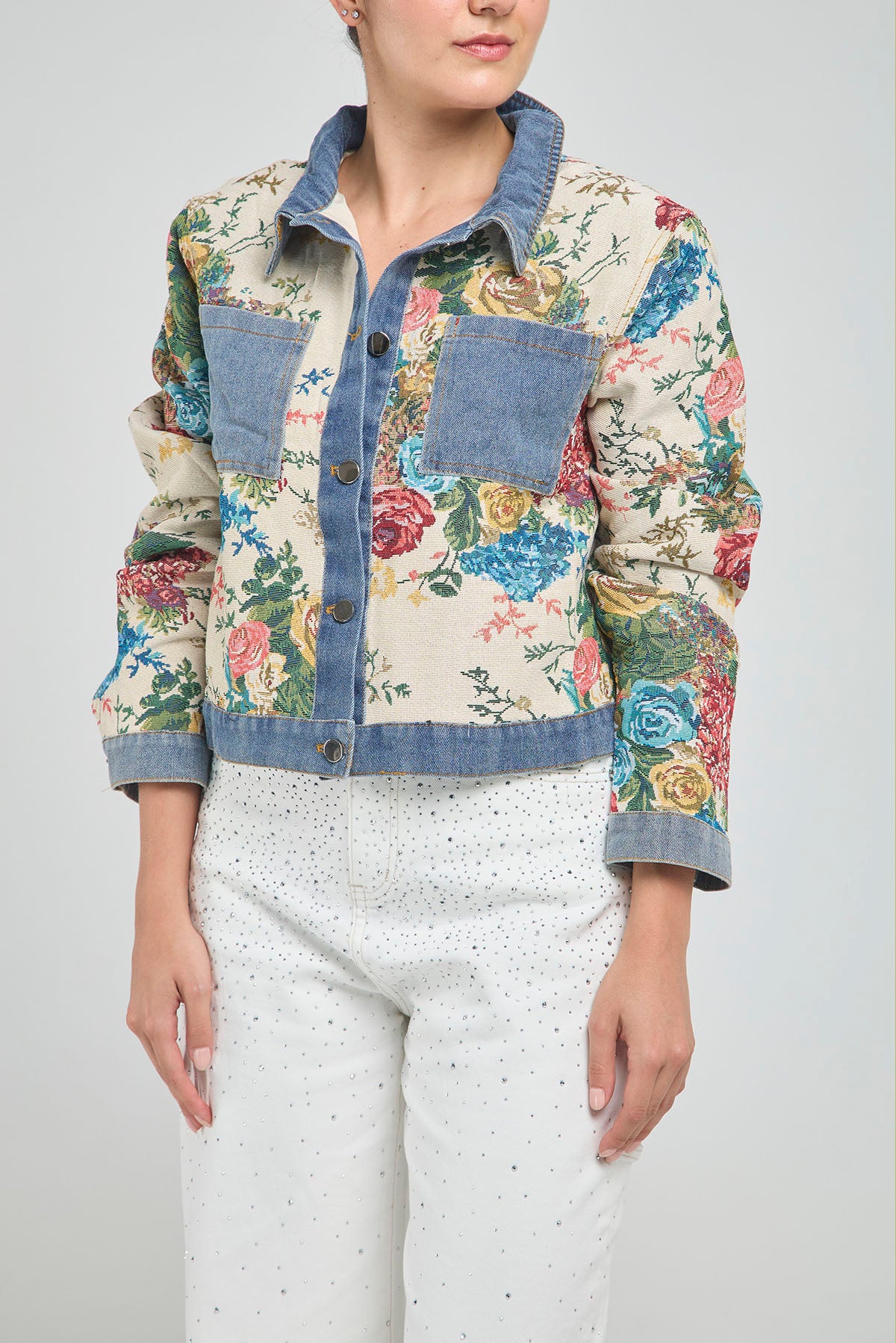 CHAQUETA ESTAMPADA FLORE CUELLO BOLSILLO PUÑO JEAN