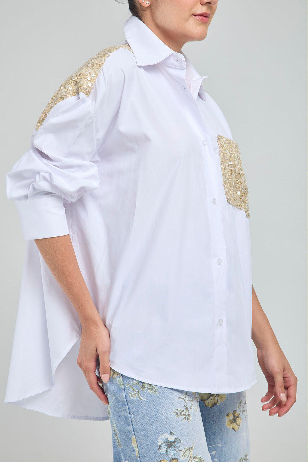 CAMISA APLIQUES ESPALDA BOLSILLO TELA BURDA  M/L C/C