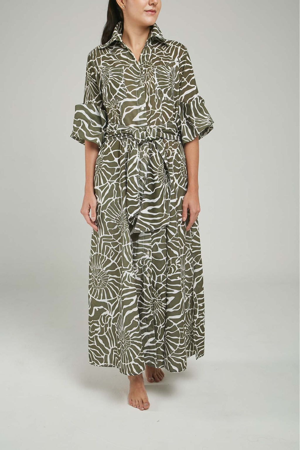 VESTIDO LARGO MANANGA CUELLO CAMISERO BOLSILLO ADELAN