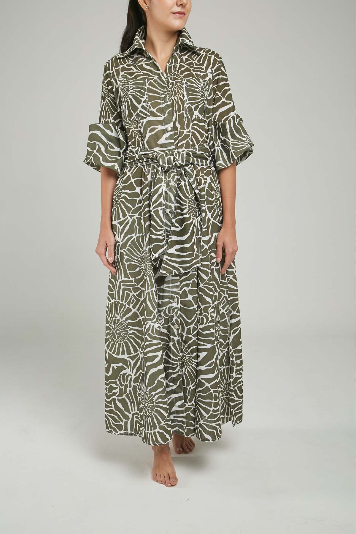 VESTIDO LARGO MANANGA CUELLO CAMISERO BOLSILLO ADELAN