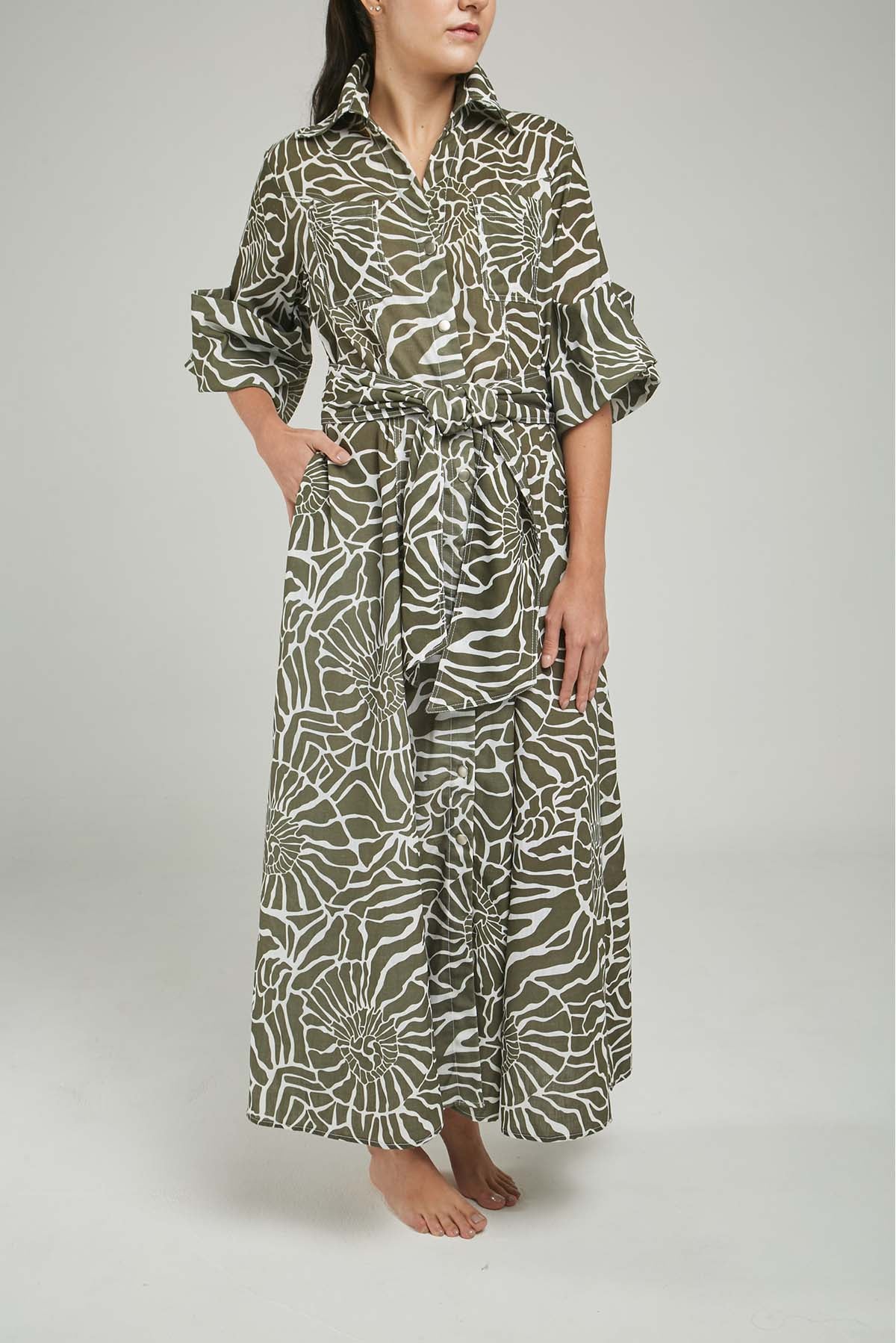 VESTIDO LARGO MANANGA CUELLO CAMISERO BOLSILLO ADELAN