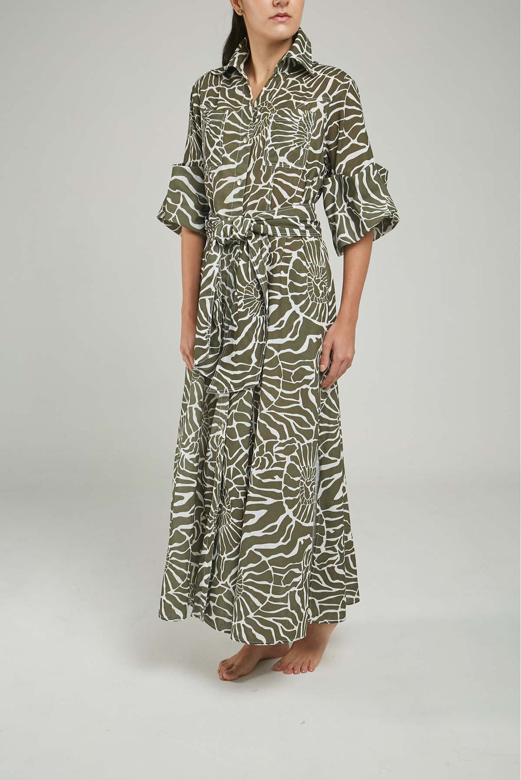 VESTIDO LARGO MANANGA CUELLO CAMISERO BOLSILLO ADELAN