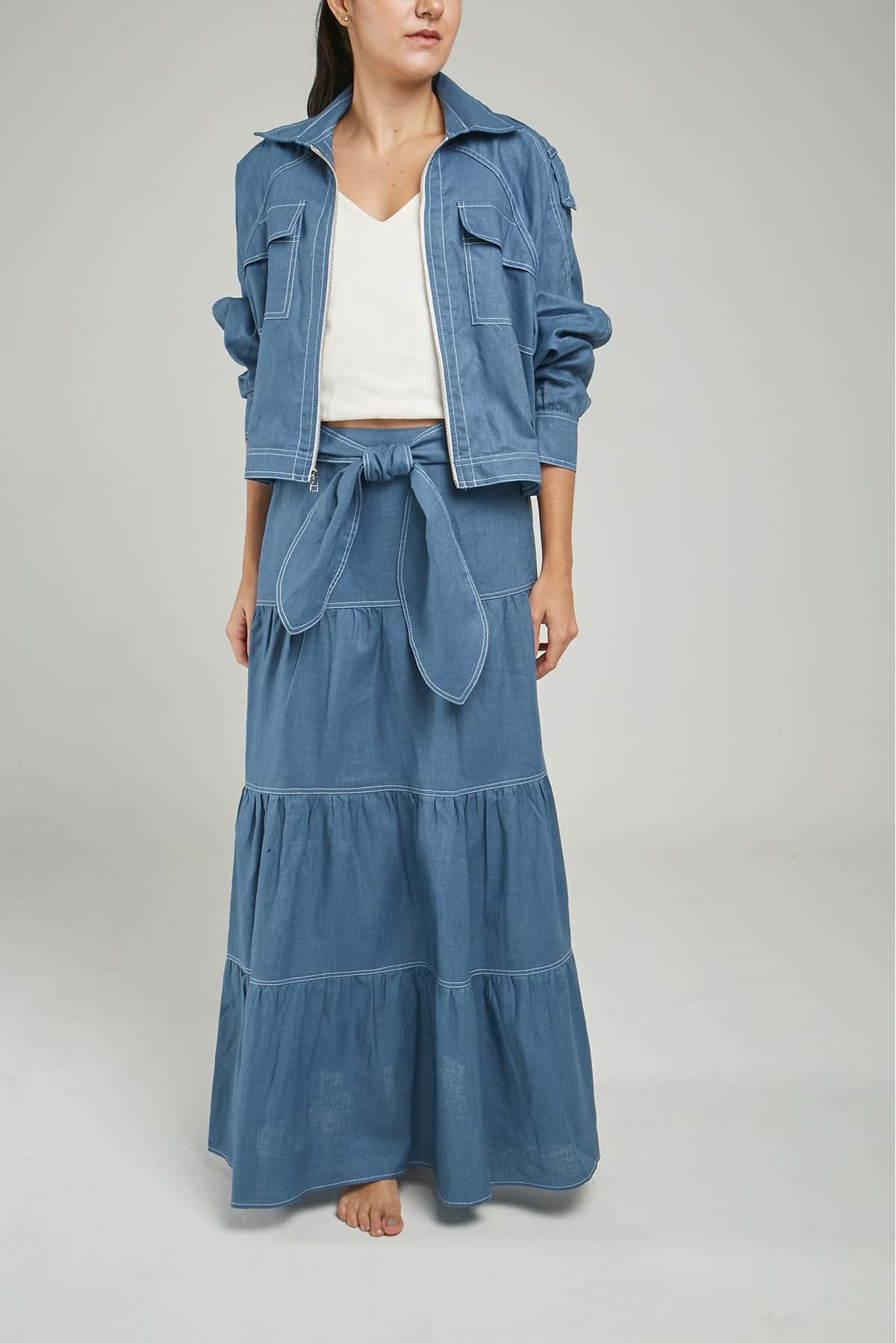 FALDA LARGA LINO CORTES HORIZONTALES PESPUNTE  CINTURON