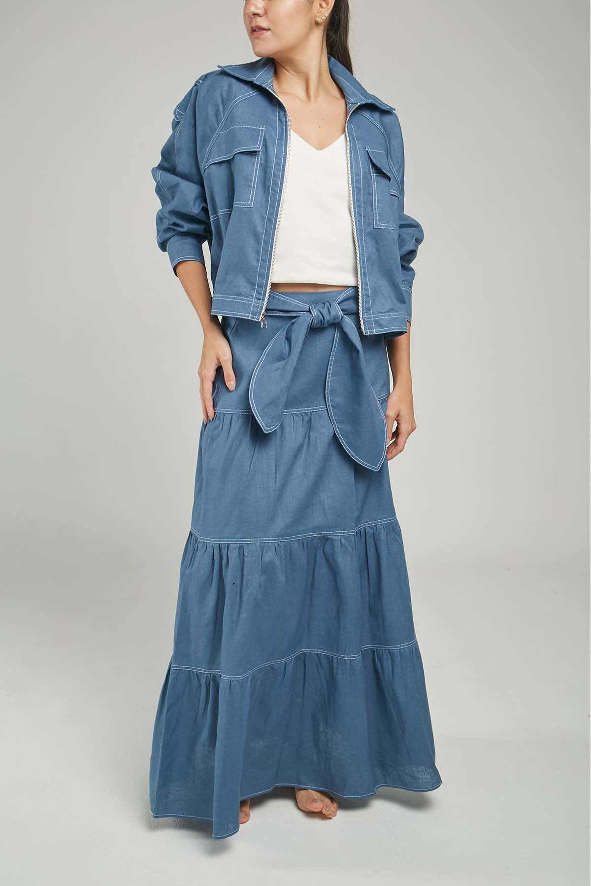 FALDA LARGA LINO CORTES HORIZONTALES PESPUNTE  CINTURON