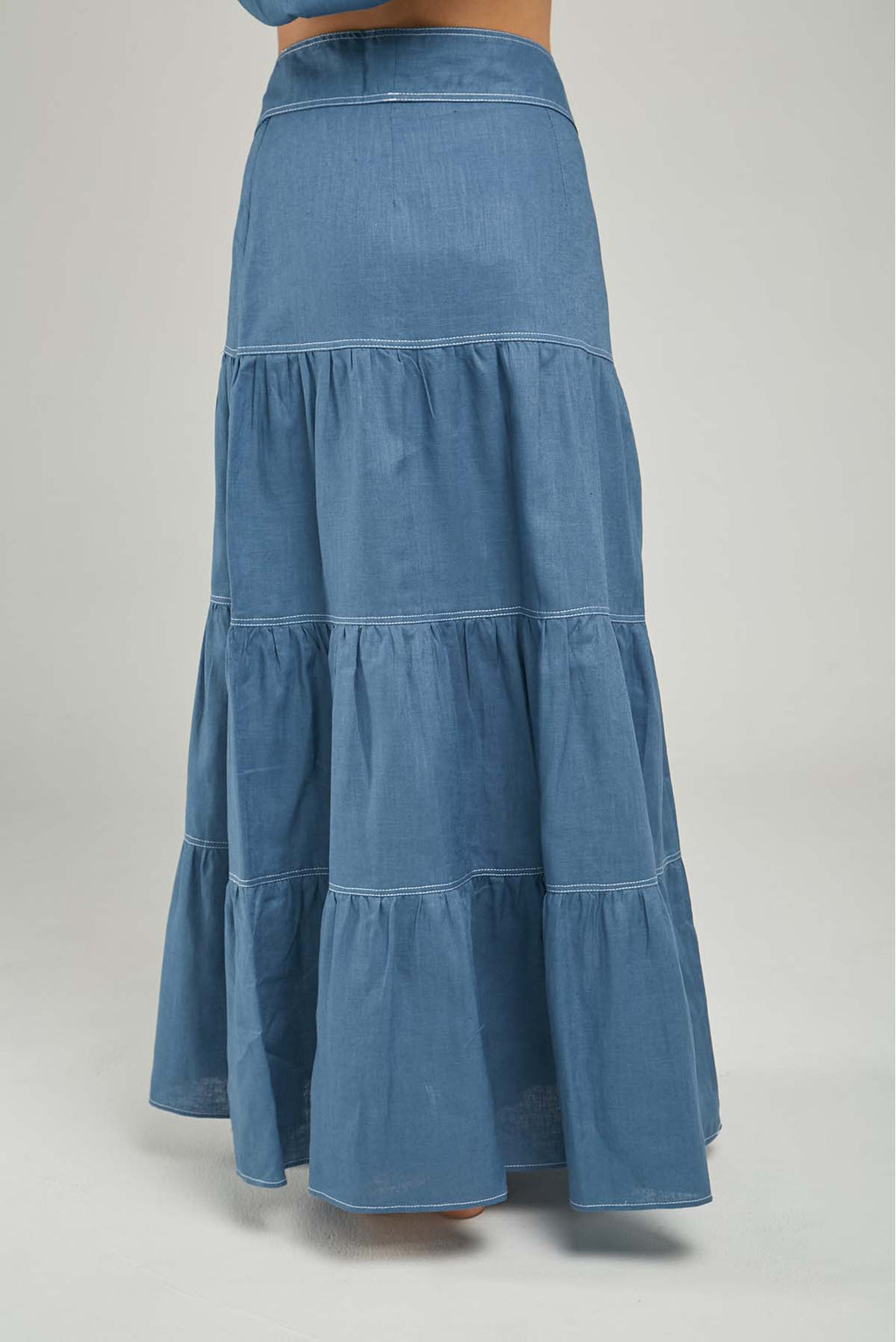 FALDA LARGA LINO CORTES HORIZONTALES PESPUNTE  CINTURON