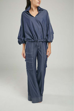 BLUSA DENIM TENCEL  CUELLO CAMISERO JARETA MANGA PELLIS