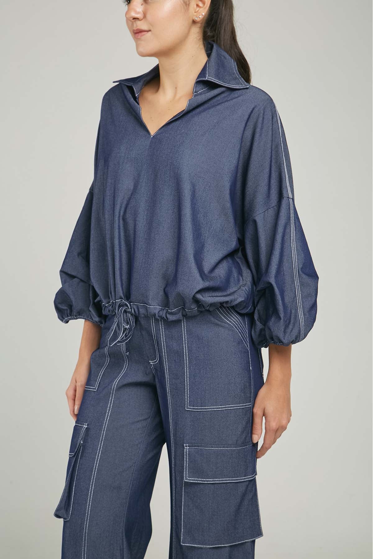 BLUSA DENIM TENCEL  CUELLO CAMISERO JARETA MANGA PELLIS