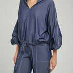 BLUSA DENIM TENCEL  CUELLO CAMISERO JARETA MANGA PELLIS