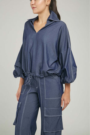 BLUSA DENIM TENCEL  CUELLO CAMISERO JARETA MANGA PELLIS