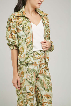 CHAQUETA ESTAMPADA HOJAS BOLSILLOS  RESORTE PUÑO