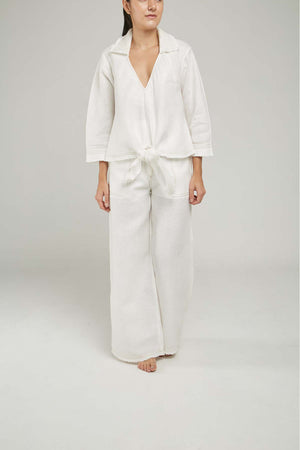 PANTALON LINO BORDE DESFLECADO PESPUNTE CAMEL