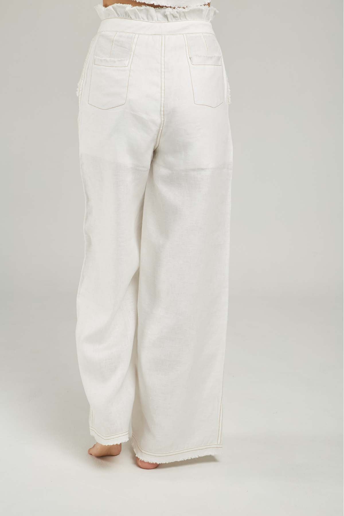 PANTALON LINO BORDE DESFLECADO PESPUNTE CAMEL