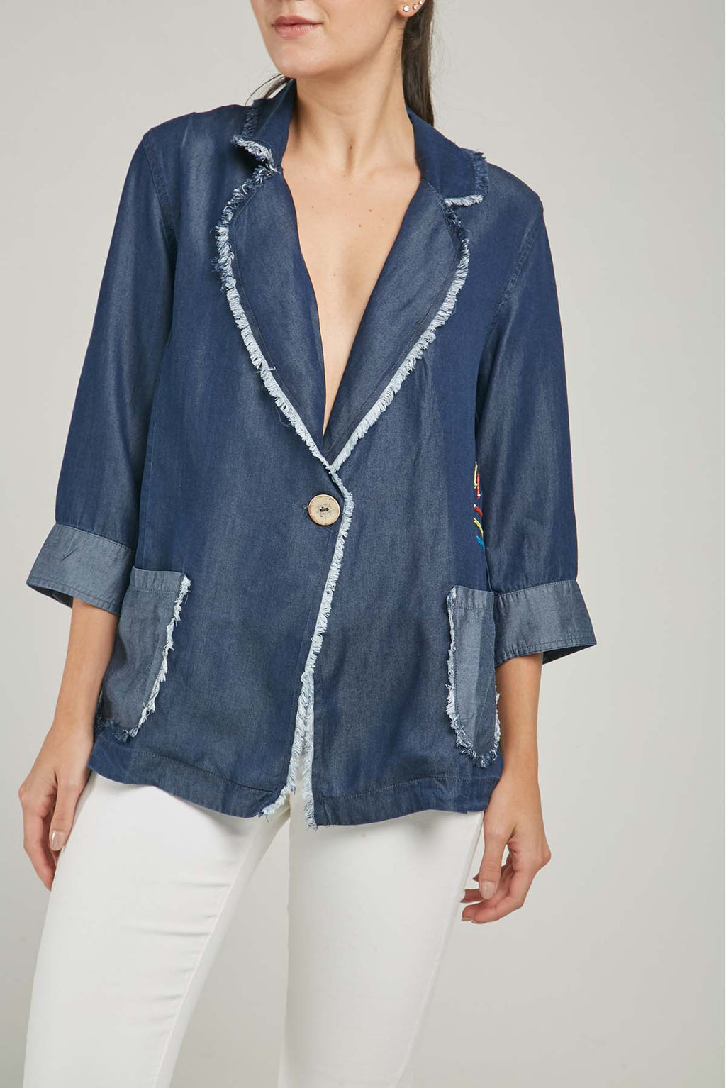 CHAQUETA UN BOTON DESFLECADO BORDE BORDADA ADELANTE