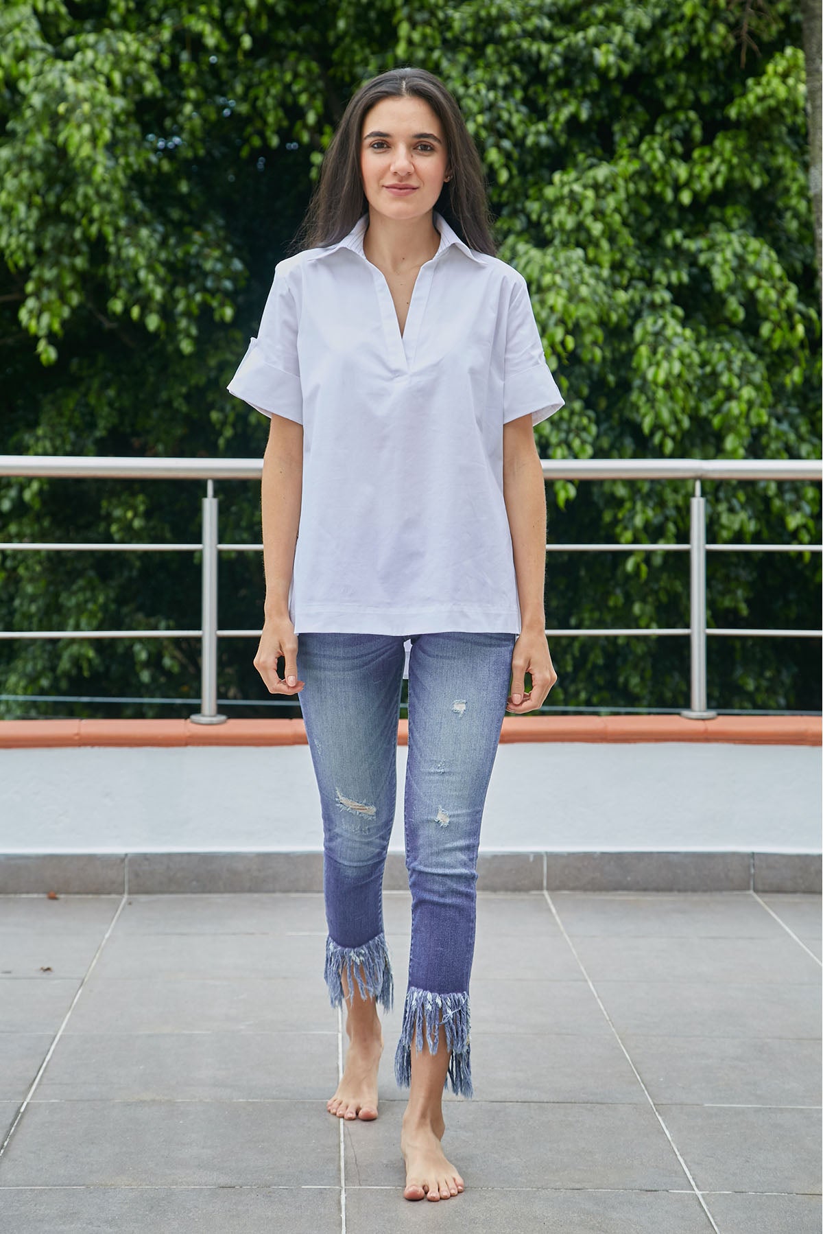 BLUSA PERILLA INTERRUMPIDA  CHARRETERA MANGA PESPUNTES  ABERTURA LADO