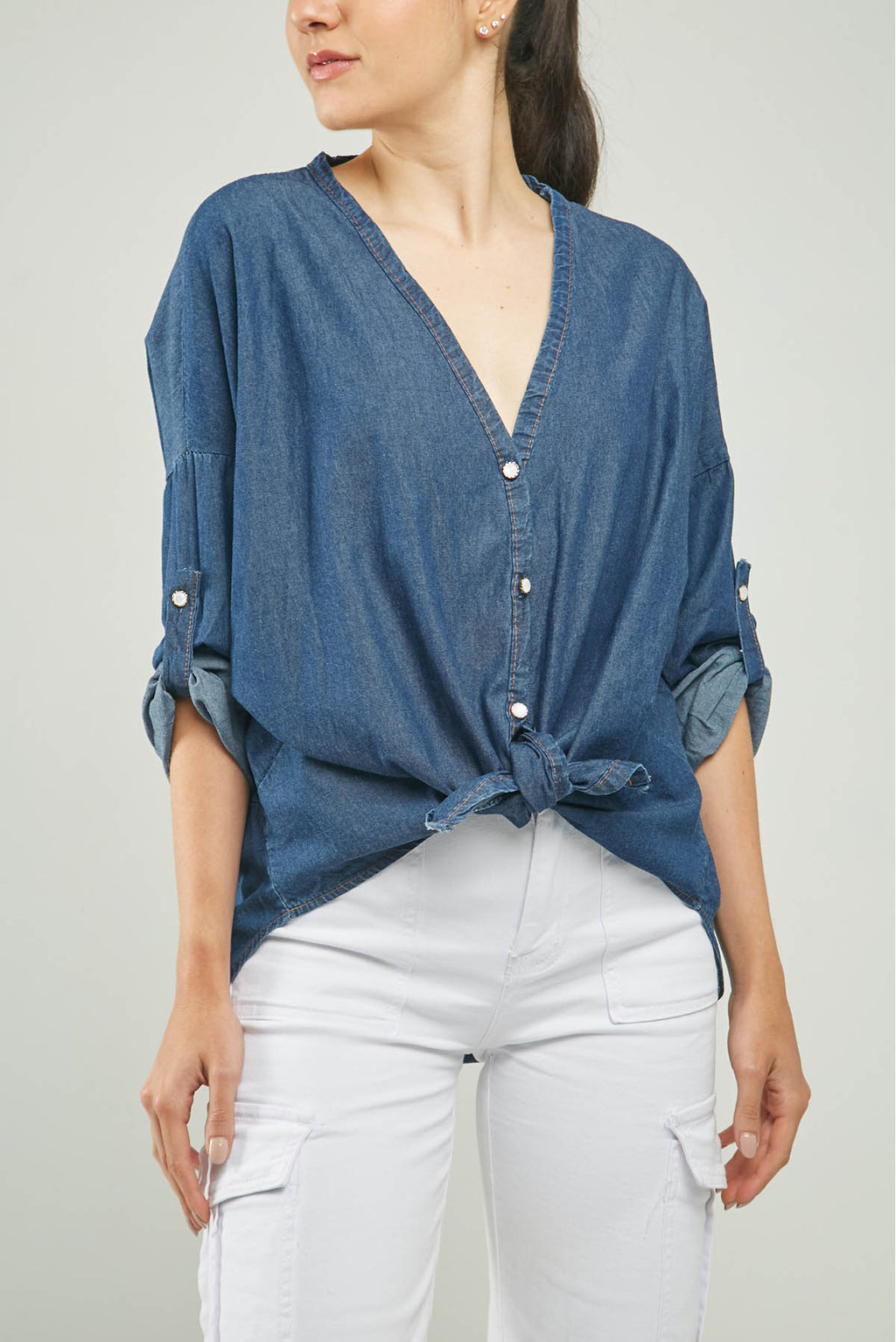 BLUSA JEAN BOTONE PERLA CHARRETERA MANGA C/V ML