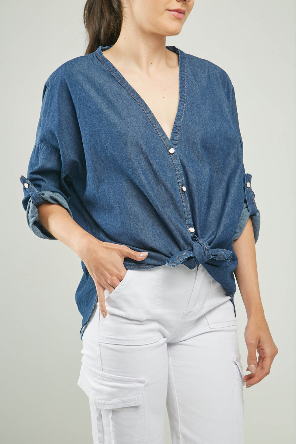 BLUSA JEAN BOTONE PERLA CHARRETERA MANGA C/V ML