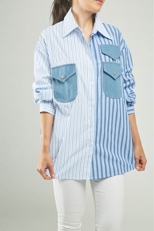 BLUSA RAYAS 2TONOS BOLSILLO TAPAS C/C M/LARG