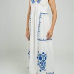 VESTIDO LARGO C/V BORDADO FLORES CORTE TIRAS