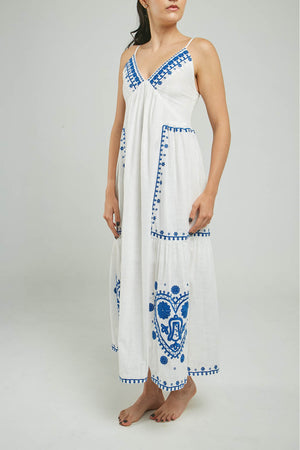 VESTIDO LARGO C/V BORDADO FLORES CORTE TIRAS