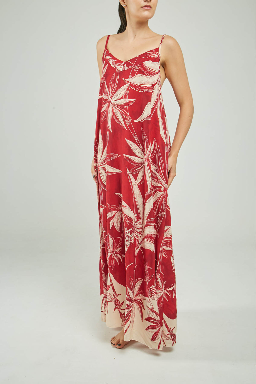 VESTIDO LARGO ESTAMPADO PALMERAS TIRAS C/V