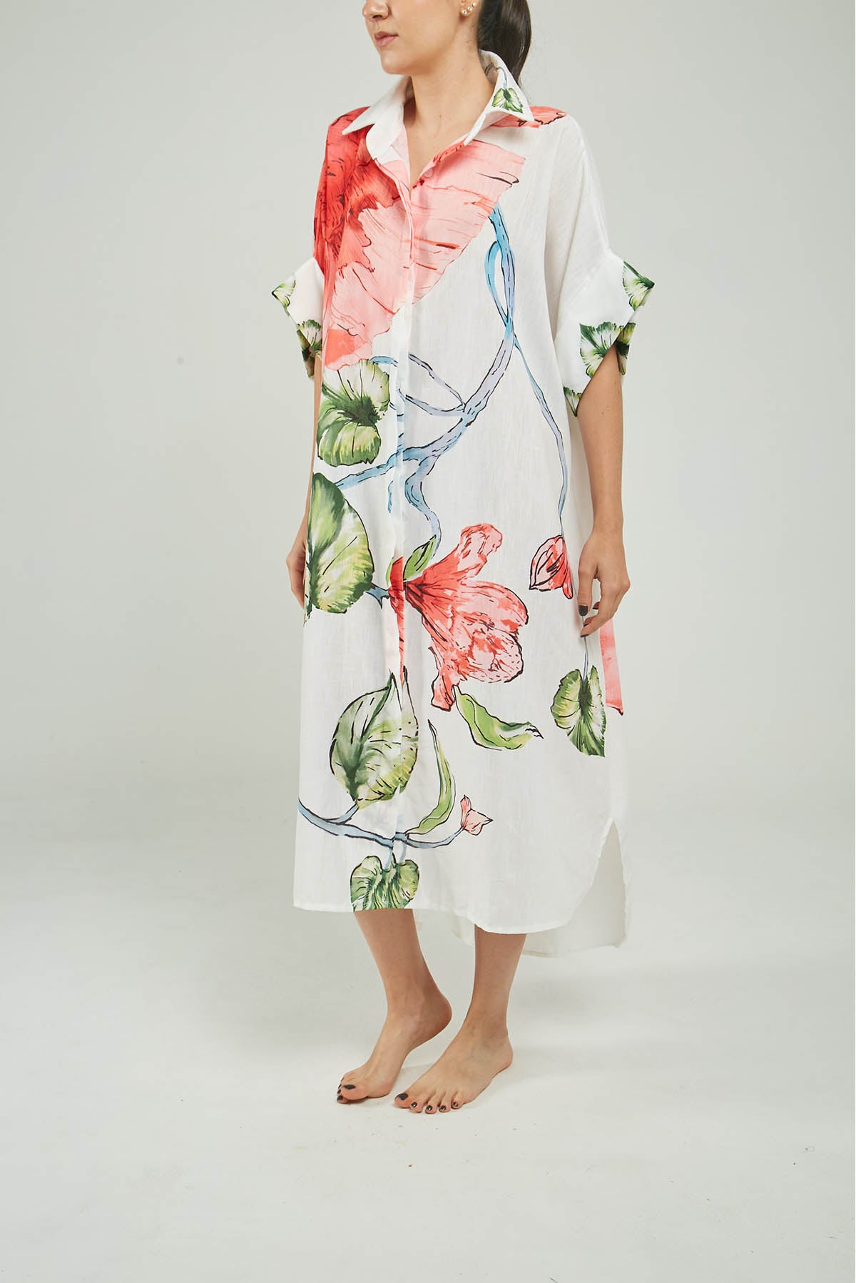 VESTIDO LARGO ESTAMPADO FLORES HOJA GRANDE CC MC
