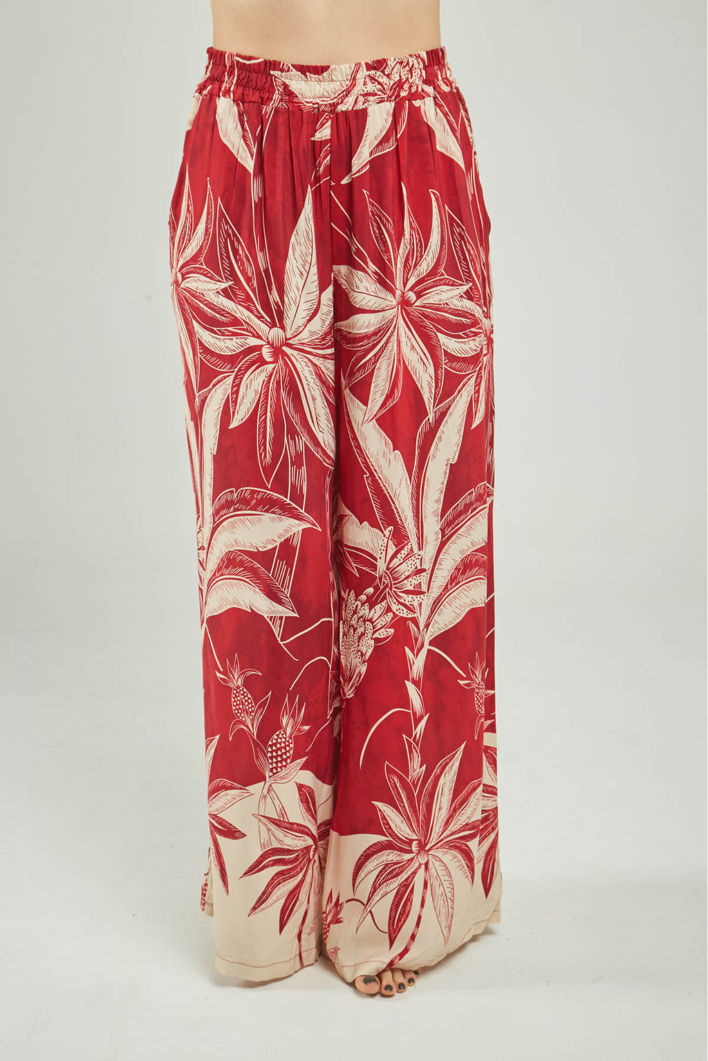 PANTALON SATIN ESTAMPADO PALMERA PRETINA ELASTICO