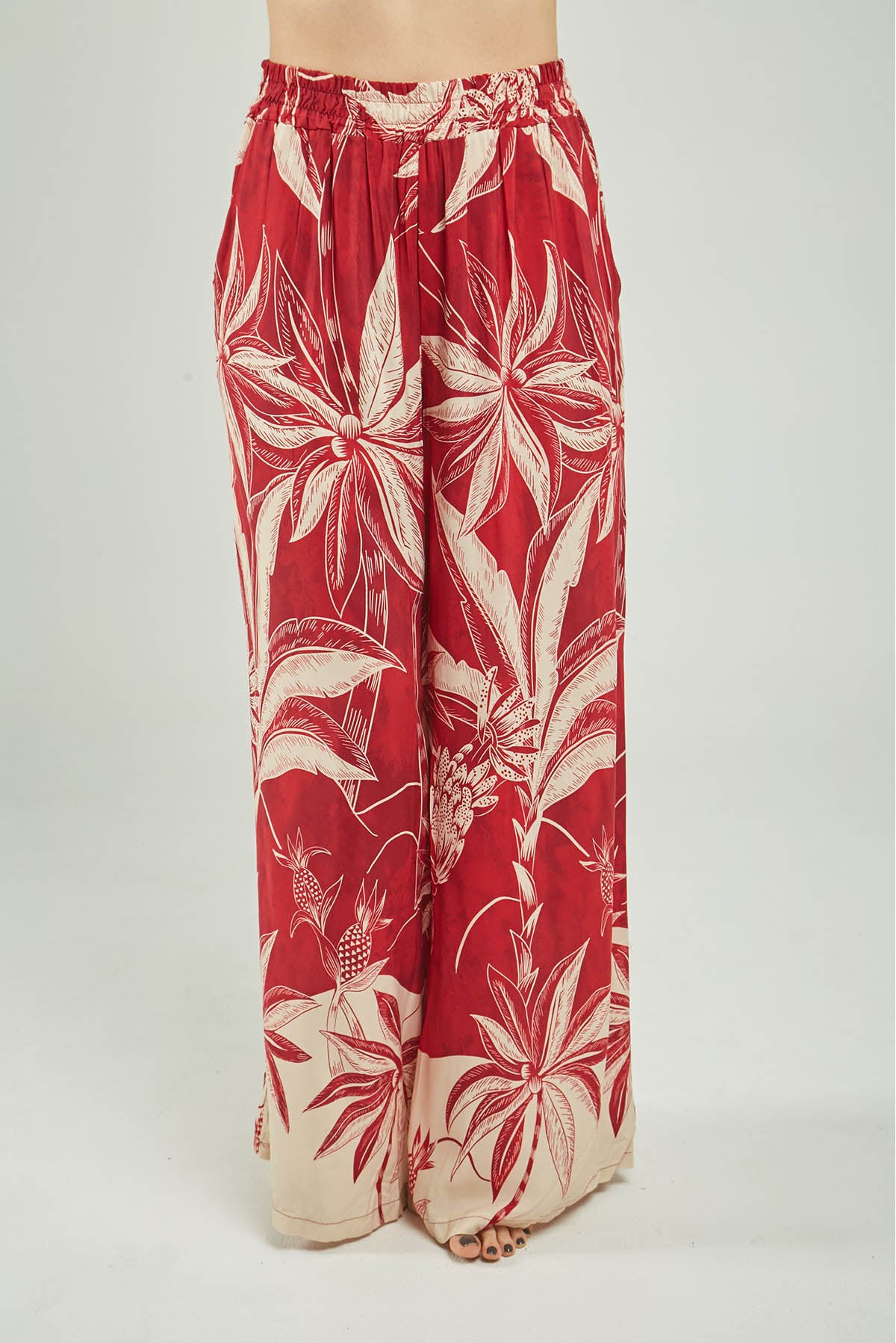 PANTALON SATIN ESTAMPADO PALMERA PRETINA ELASTICO