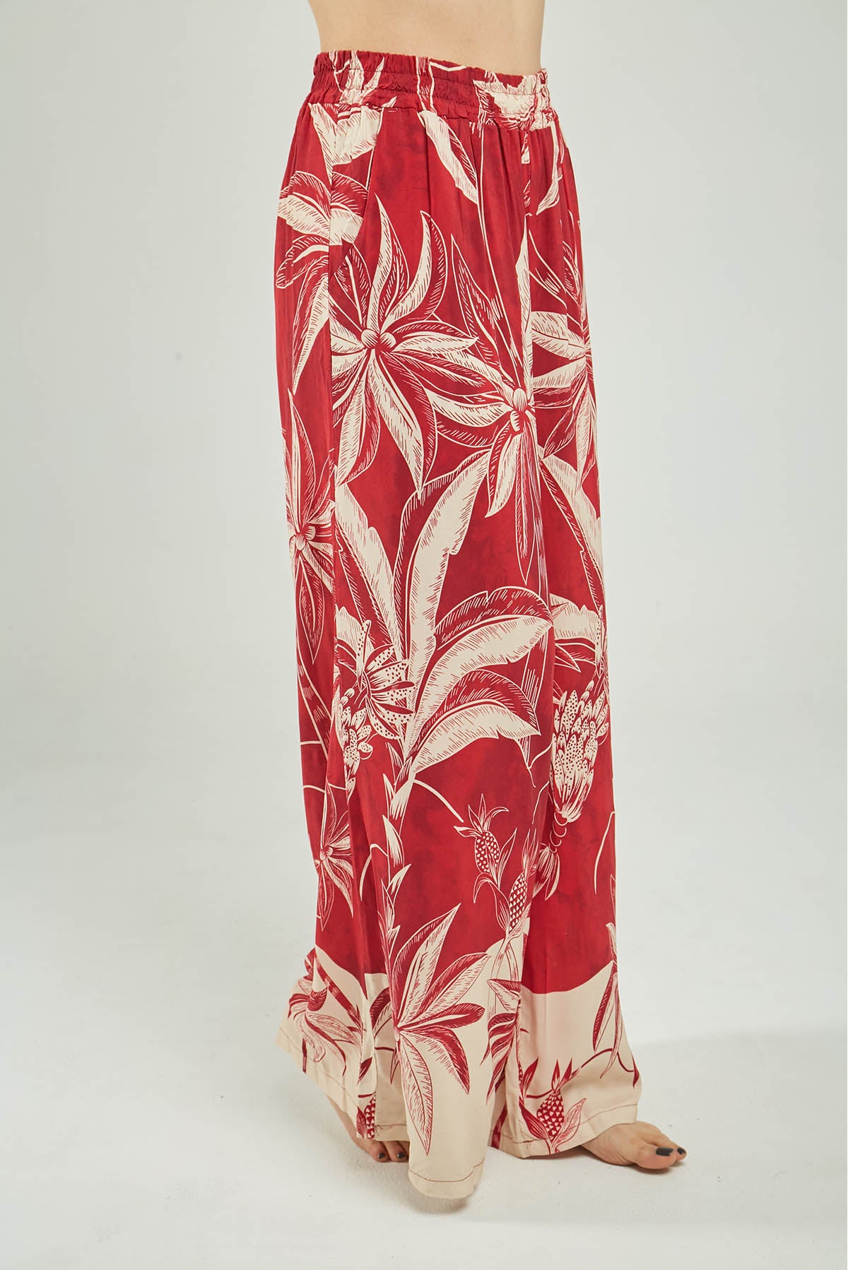 PANTALON SATIN ESTAMPADO PALMERA PRETINA ELASTICO