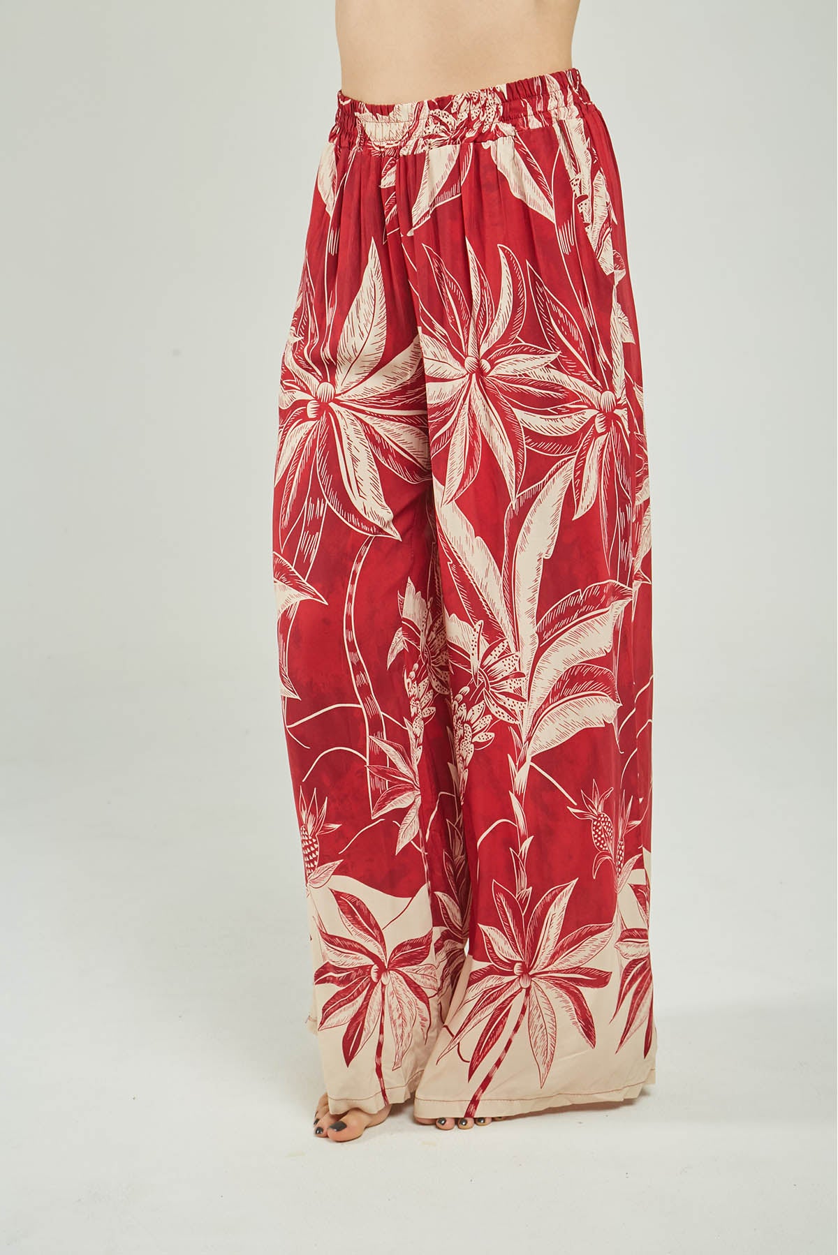PANTALON SATIN ESTAMPADO PALMERA PRETINA ELASTICO