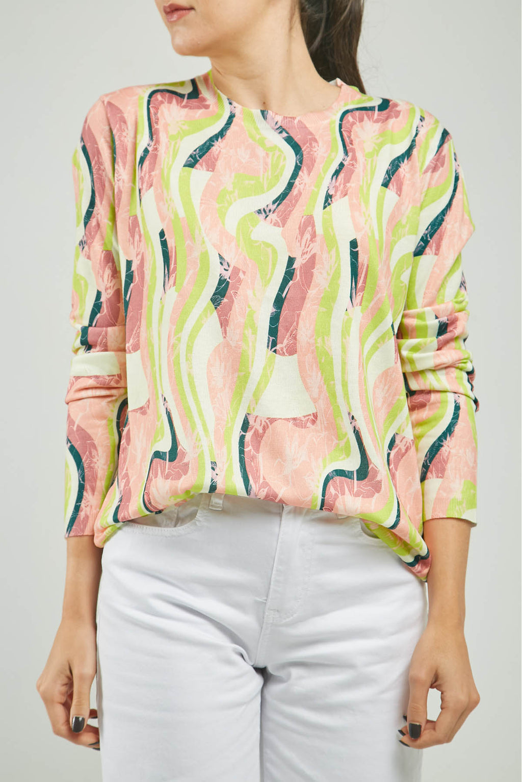 CAMISETA TEJIDA ESTAMPADA ONDAS CUELLO REDONDO  M/LAR