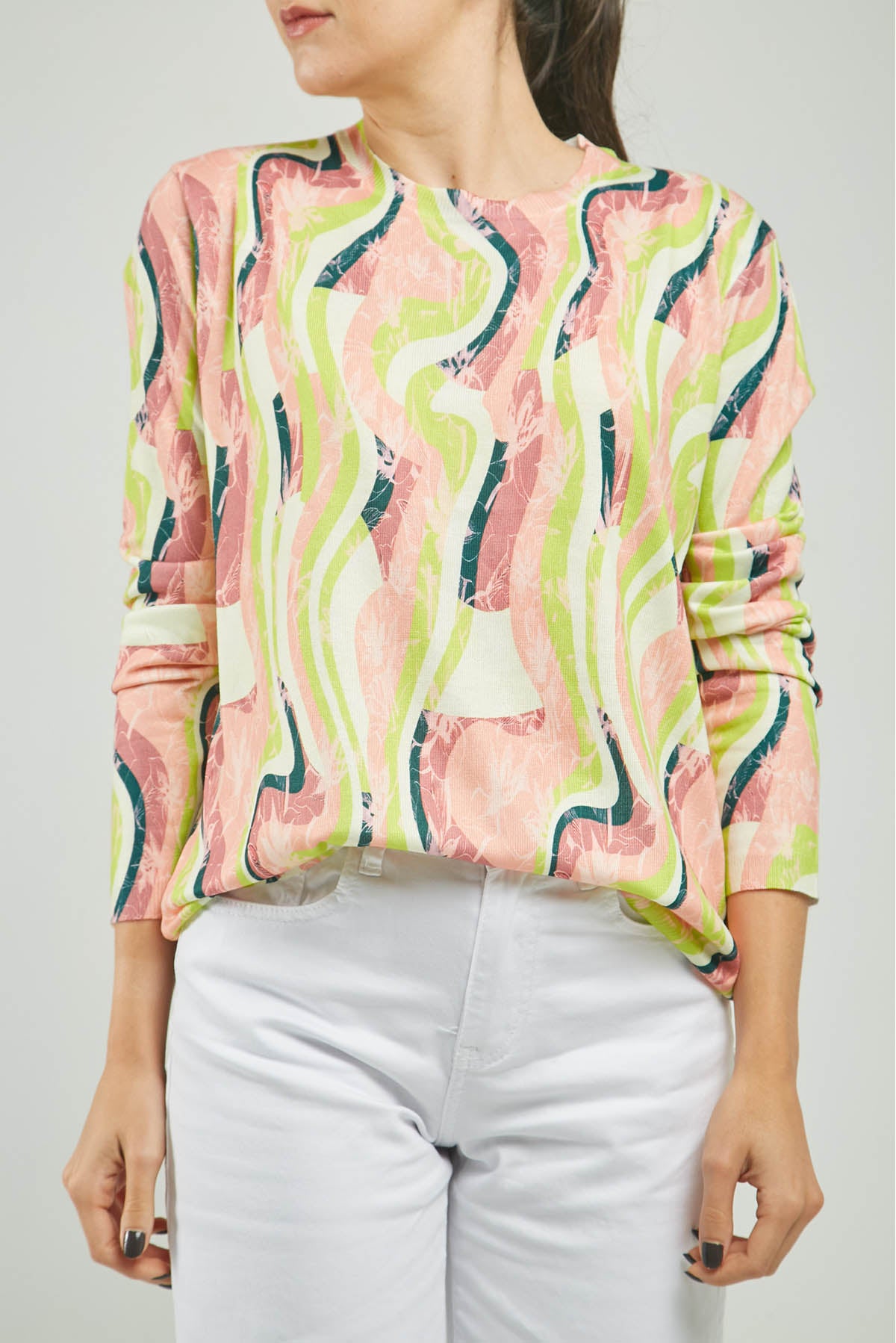 CAMISETA TEJIDA ESTAMPADA ONDAS CUELLO REDONDO  M/LAR