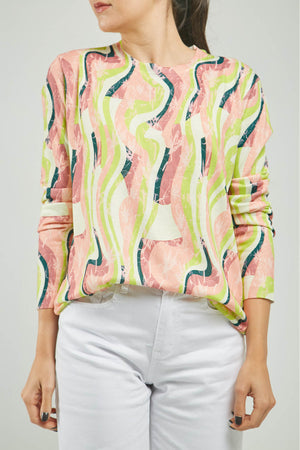 CAMISETA TEJIDA ESTAMPADA ONDAS CUELLO REDONDO  M/LAR