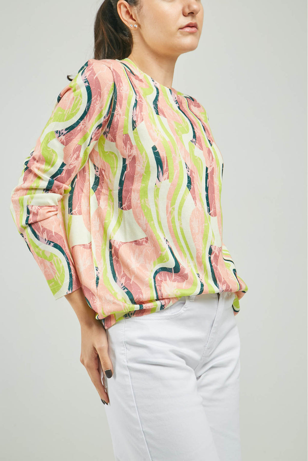 CAMISETA TEJIDA ESTAMPADA ONDAS CUELLO REDONDO  M/LAR