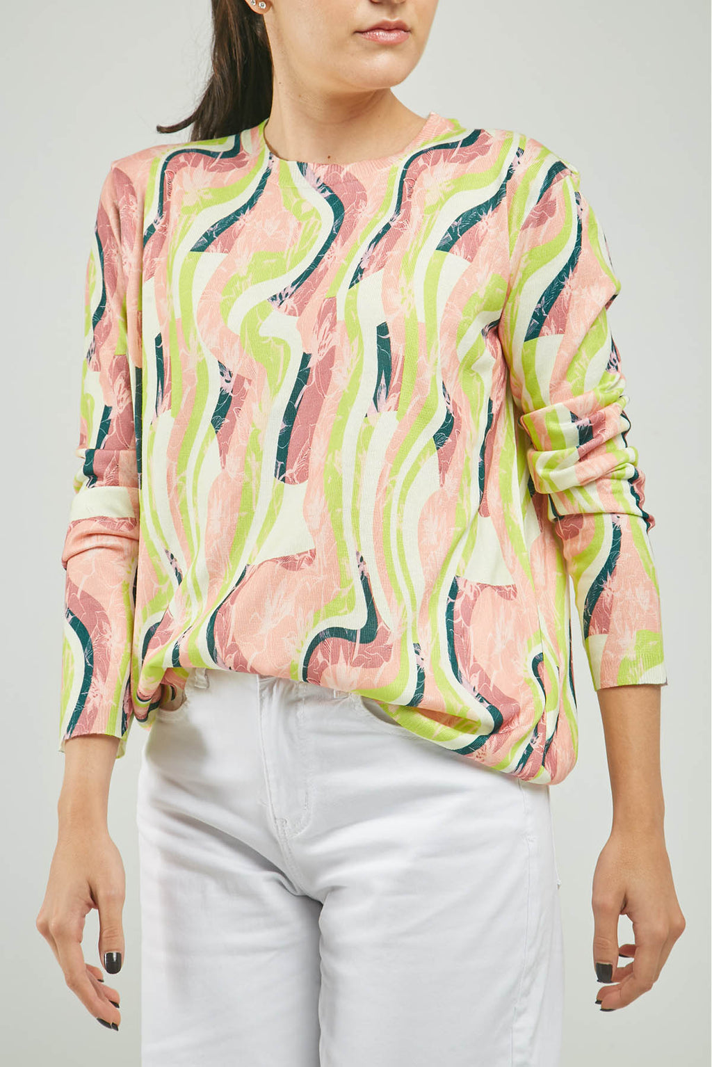 CAMISETA TEJIDA ESTAMPADA ONDAS CUELLO REDONDO  M/LAR