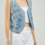 CHALECO JEAN BORDADO ARABESCO ADELANTE BEIGE MS