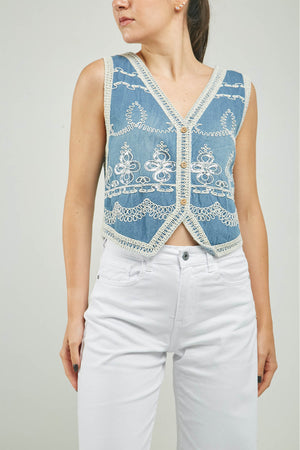CHALECO JEAN BORDADO CROCHE LENTEJUELAS FLOR CV