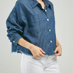 BLUSA JEAN ANCHA BOLSILLO RUEDO DEFLECADO  CUELLO CAMISERO ML