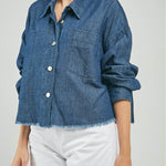 BLUSA JEAN ANCHA BOLSILLO RUEDO DEFLECADO  CUELLO CAMISERO ML