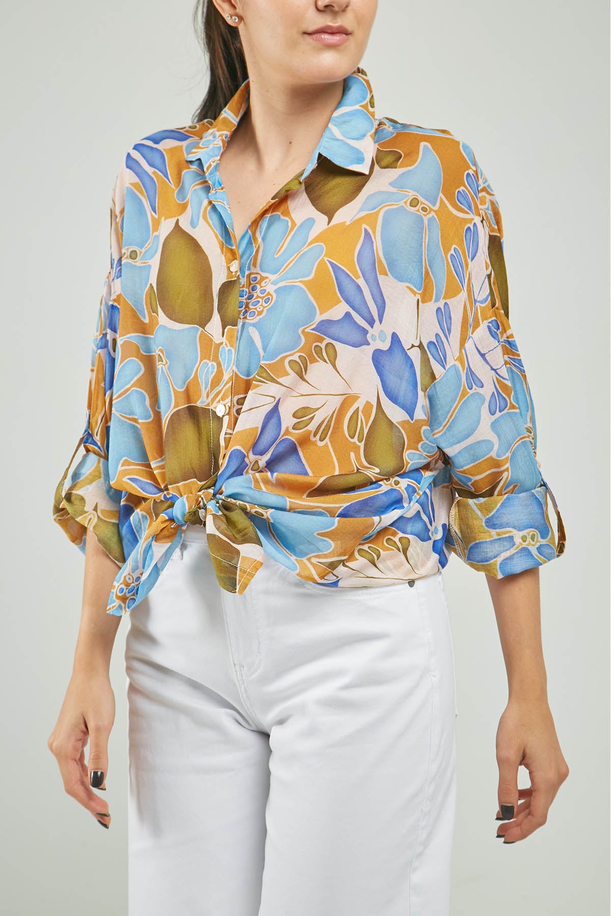 BLUSA ESTAMPADO FLORES CHARRETERA MANGA CUELLO CAMISERO M/L
