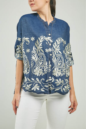 BLUSA BORDADA ARABESCOS CHARRETERA MANGA CUELLO NERU M/L
