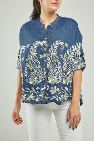 BLUSA BORDADA ARABESCOS CHARRETERA MANGA CUELLO NERU M/L